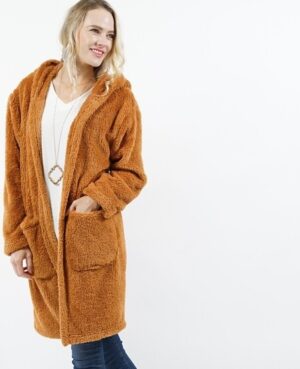 Faux Fur Pocket Hooded Open Coat