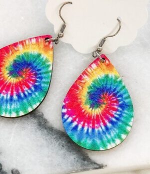 Bright Tie Dye Wood Dangle Earrings